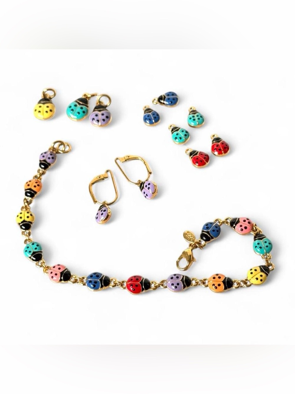 Vintage Joan Rivers Gold Tone Enamel Ladybug Bracelet Earrings Pendants